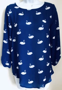Pixley Semi Sheer Top Small Royal Blue White Swans 3/4 Sleeve Round Hem  - Picture 1 of 8