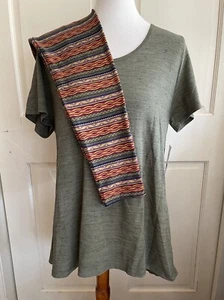 LuLaRoe Outfit Classic T Large Army Green Micro Stripes & TC Tribal Leggings VTG - Picture 1 of 6
