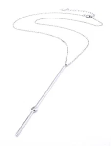 NEW Minimalist 18kt White Gold Plated Thin Stick Bar Crystal Pendant Necklace - Picture 1 of 12