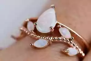 2CT Pear Cut Lab-Created Fire Opal 14KRose Gold Plated Wedding Bridal Ring - Picture 1 of 5