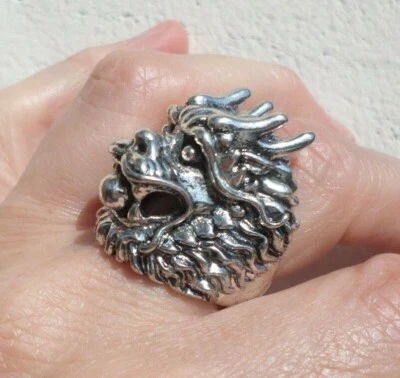 BAGUE ETHNIQUE unisexe lion chinois ou chien de Foo acier argenté - Photo 1/4
