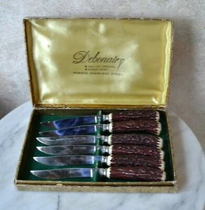 6pc. VTG Debonair ENGLAND CARVING SET BAKELITE FAUX HORN HANDLE, Steak Knives  - Imagen 1 de 11