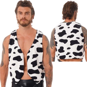 Mens Cow Flannel Waistcoat Open Front Sleeveless Retro Vest Halloween Costume - Picture 1 of 15