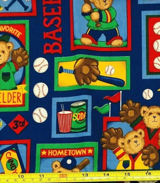 Tina SCRAP 9"x21" Cute Boy Teddy Bear Baseball Glove Bat Ball Cotton Fabric - Image 1 of 1