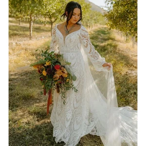 Wedding Dress Lace Full Sleeves V Neck Sweep Train Wedding Ceremony Bridal Gowns - Picture 1 of 8