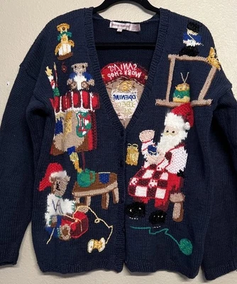 Винтажный Lauren Hansen Санта игрушки кардиган свитер вязаный праздник Рождество большой - Изображение 1 из 4