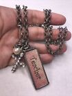 Necklace Charm Teacher Cross Faux Pearl Long Silver Pewter Tone Rolo 28 In