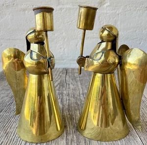 MCM Vintage Brass Angels Candle Holders 6.75” Modernist Christmas Holiday Decor - Picture 1 of 4