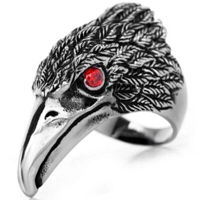 Anillo de cabeza de águila pájaro motociclista de acero inoxidable para hombre con banda de estrás rojo talla 6-13 Foto 1 de 4