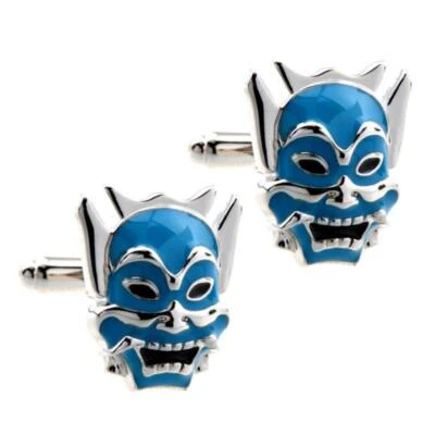 SAMURAI MASK CUFFLINKS Oni Mempo Devil Demon Japanese Warrior Blue w Gift Bag - Image 1 of 4