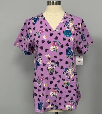 NWT Cherokee Scrub Top S Purple Spring Flowers & Hearts Scrubs Medical Uniform - Image 1 of 4