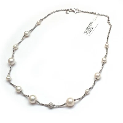 DAVID YURMAN Nuevo Damas Perla y Pavé Diamante Estación Corta 18" Collar Plateado Foto 1 de 4