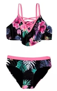 Justice Girls Bikini Swimsuit Black 7/8 Flounce Floral Crisscross Front 2 Piece - Picture 1 of 10