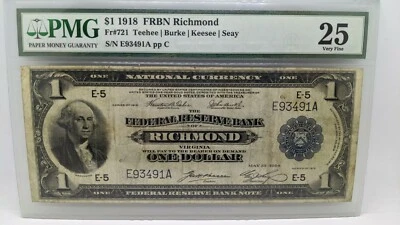 1918 $1 Federal Reserve Bank Note Richmond PMG 25 - Fr#721 - Large Size Note - Image 1 of 4