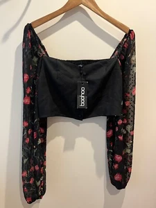 Boohoo Top Size 12 New Black Cropped Floral Spotty Long Sleeve Party Going Out - Picture 1 of 14