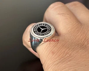 Mercedes Benz Signet Ring 925 Sterling Silver Men's Ring, Silver Mercedes Ring - Picture 1 of 13