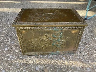 Vintage Embossed Brass Coal Box ~ Storage Chest Trunk Wood Repousse metal relief - Image 1 of 4