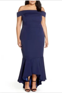CHI CHI LONDON Navy Blue Off the Shoulder Ruffle High/Low Mermaid Dress 14W 1X - Picture 1 of 5
