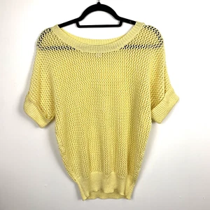 Chicos Womans Open Knit Short Sleeve Sweater Size Small 0 Yellow Ribbed Waist - Picture 1 of 7