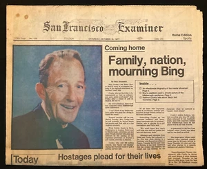 San Francisco Examiner, Mourning Bing Crosby, 15/10/1977, periódico de colección - Imagen 1 de 2