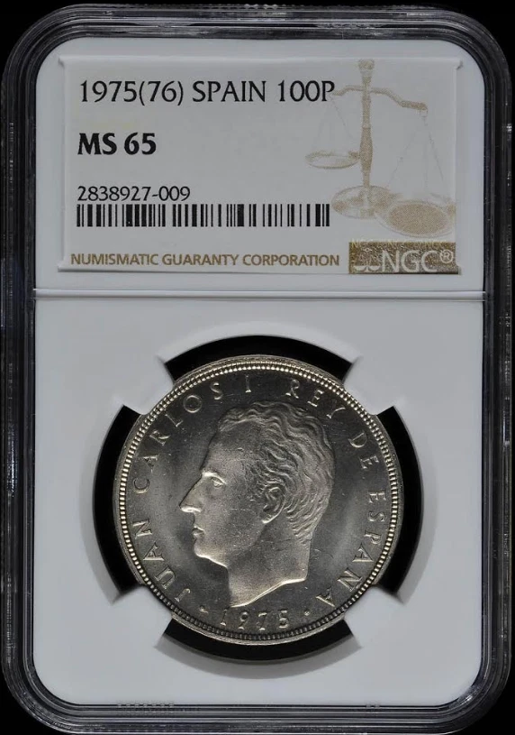 :1975(76) S100-PESETAS SPAIN JUAN CARLOS-I KM#810 NGC MS-65 UNIQUE RARITY R-10  - Image 1 of 2