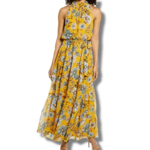 Julia Jordan Damen Größe 4 hochgeschlossenes Maxikleid tiefgelb Blumenmuster ärmellos - Bild 1 von 11