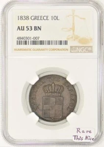 1838 Greece 10 Lepta NGC AU-53 BN; Rare This Nice!  - Picture 1 of 4