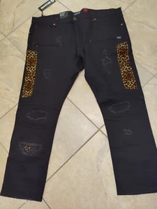 Big & Tall Men Makobi Ripped Black Denim Jean Size 46 Streetwear Fashion Leopard - Picture 1 of 8