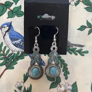 Indian Boho Chic Turquoise Blue Precious Blue Crystals Drop Pierced Earrings - Picture 1 of 4
