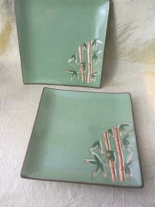 2 plates 8" platter square main dish dinner green bamboo Asian sushi horsdeurves - Picture 1 of 7