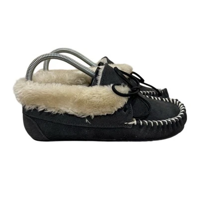Minnetonka Chrissy Moccasin Gray Slippers Suede Leather Faux Fur Lining Womens 6 - Image 1 of 4