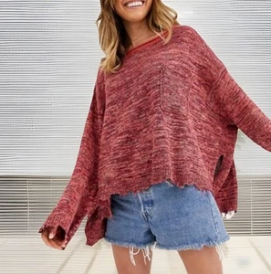 Free People Prism Pullover Maglione Oversize Slouchy Bordo Grezzo Rosso Corallo Taglia M - Foto 1 di 10