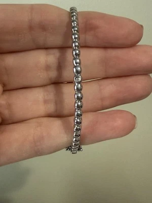 Genuine Diamond Accent Raised Bead 925 Silver Oval Hinged Bangle 6.5" 12.36 g - Image 1 of 4