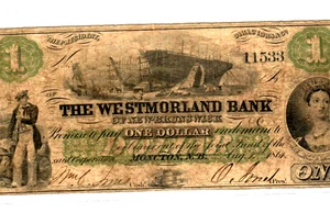 $1 "WESTMORELAND BANK" (CANADA) 1800'S $1 "GREEN PRINT" (BEAUTIFUL) RARE!!!!!! - Picture 1 of 3