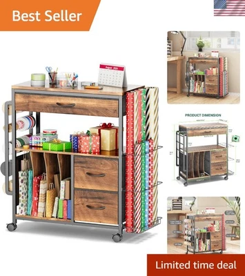 Wrapping Paper Storage Cart Rolling Gift Wrap Station Organizer with Ribbons - Image 1 of 4
