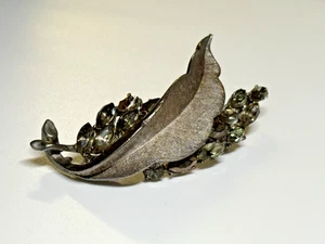 Vintage BSK Brooch Double Leaf Smoke Marquise Rhinestone Silver Tone Repair - Picture 1 of 9