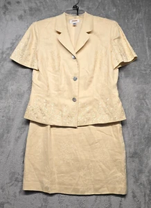 Talbots Skirt Suit Set Womens Sz 12 Yellow Linen Floral Embroidered Lined - Picture 1 of 24