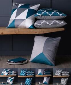 Set of 4 Teal Blue & Grey Geometric 18" Cushion Covers Beautiful Soft Fabric!