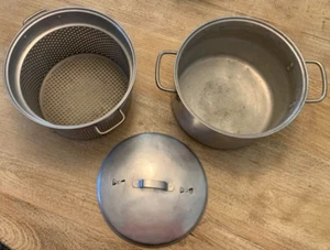 Vintage LEYSE ALUMINUM Stock Pot Pasta Strainer Colander Steam Vent Lid 3-PC Set - Picture 1 of 6
