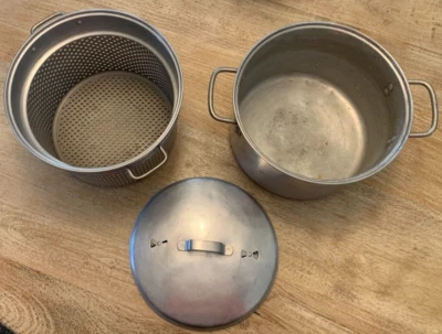 Vintage LEYSE ALUMINUM Stock Pot Pasta Strainer Colander Steam Vent Lid 3-PC Set - Image 1 of 4