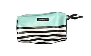 NEW CLINIQUE BLUE / MINT WITH WHITE AND BLACK STRIPES TRAVEL / COSMETIC BAG - Picture 1 of 4
