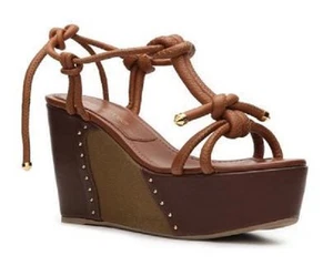 NIB Sergio Rossi $490 Color Block Wedge Sandals Cognac Brown Olive leather 37.5 - Picture 1 of 5