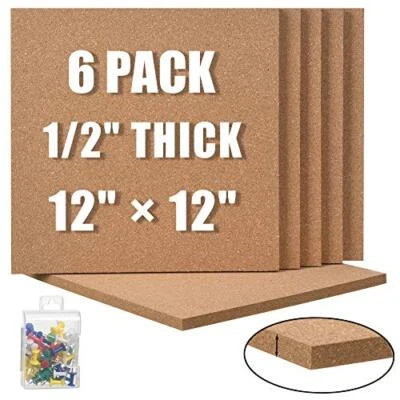 Cork Board 12"x12" - 1/2" Thick Square Bulletin Boards 6 Pack Cork Tiles with... - Image 1 of 4