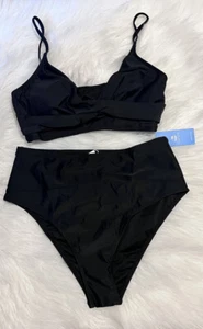 CUPSHE Conjunto de Traje de Baño Bikini Cintura Alta Cuello en V 2 Piezas Negro M (8-10) Nuevo con Etiquetas - Imagen 1 de 8