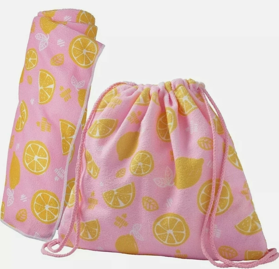 ULTA Pink W/ Lemon Print Tote Bag & Towel Set Beach or Pool String Backpack