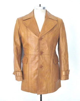 Vintage 60s 70s Psych Disco Caramel Brown Real Leather Blazer 3 Button Coat 40 - Image 1 of 4