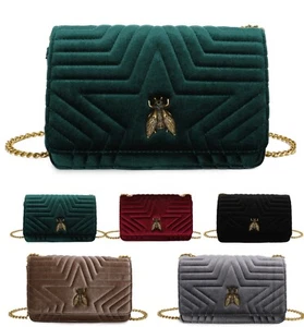 Women Soft Velvet Star Quilted Design Gold Bee Chain Shoulder Clutch Hand bag UK - Picture 1 of 13