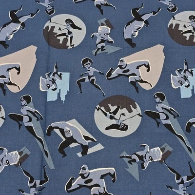 Cotton Fabric 26"x31" Disney's The Incredibles Family Buildings Blue Background - Image 1 of 3