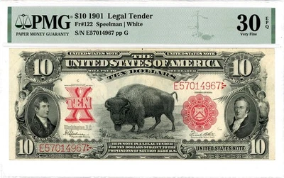 1901 $10 Legal Tender Bison Note Fr#122 Speelman | White 30 EPQ PMG 2447598-003 - Image 1 of 2