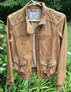 Chaqueta para mujer Lucky Brand Sunset Bomber piel de cordero forrada de cuero tostado con cremallera pequeña - Imagen 1 de 11